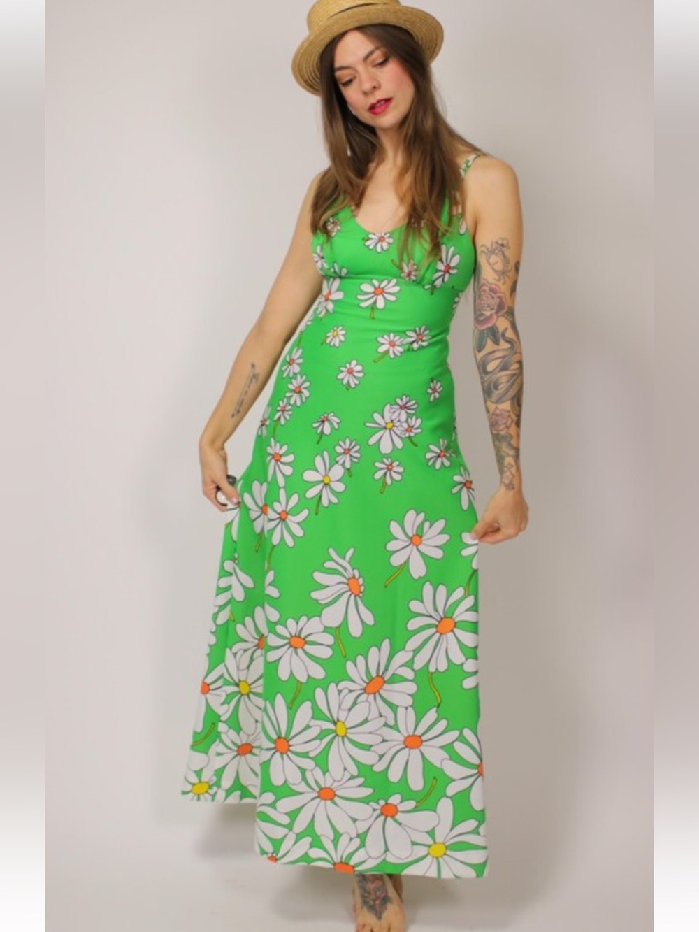VTG 70s Jack Hartley Daisy Sleeveless Maxi Dress in Green Sz XS/S